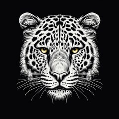 A black and white leopard's face on a black background. Imaginary AI picture. Clipart on solid background.
