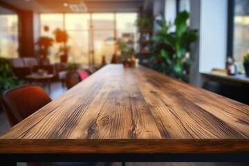 Modern kitchen ambiance Wooden table in focus, with a blurred interior background