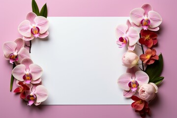 Pastel pink backdrop with two orchids framing an empty white paper for text