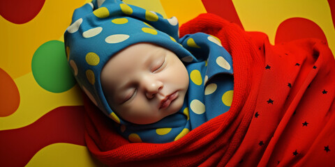 Newborn baby sleeps on a bed with cute clothes on.