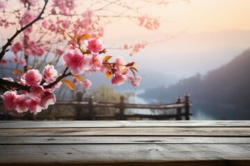 Sakura blossoms on a wooden table, embraced by the soft morning fog