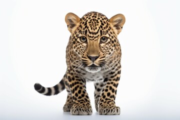 Striking image a leopard photographed against a clean, white backdrop