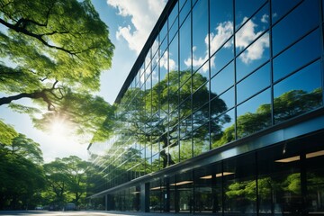 Sustainable glass office building in the city, featuring eco friendly design with carbon reducing trees