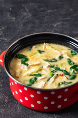 chicken spinach artichoke creamy soup in a pot