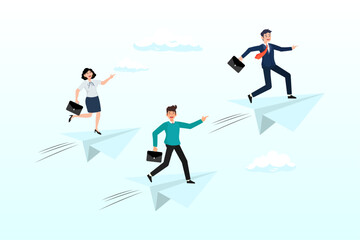 Fototapeta premium Businessman ride paper airplane origami lead team flying to success, success leadership to lead team to achieve goal, motivation or aspiration to drive company, teamwork or career opportunity (Vector)