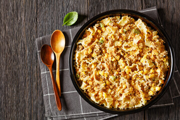 Creamy Corn Casserole with Sausage in baking dish
