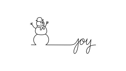 christmas snowman one line art with joy letter vector, for background, invitation card