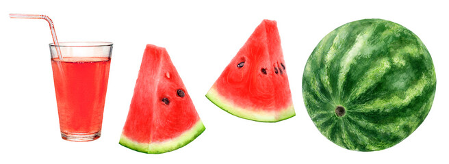 Close-up view watercolor illustration of a watermelon and smoothie, isolated on white background.