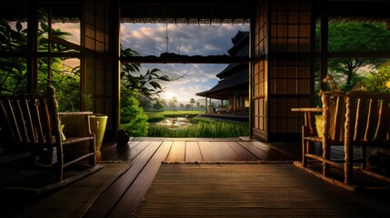Front balcony of home, hoststay accommodation, natural style With green rice fields, mountains, and morning sunlight.