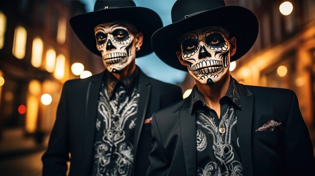 Two men dressed in black jackets and with make-up, an image for Halloween or Day of the Dead. Monogamous couples.