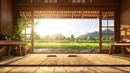 Front balcony of home, hoststay accommodation, natural style With green rice fields, mountains, and morning sunlight. - obrazy, fototapety, plakaty