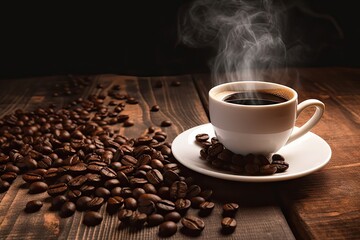 Cup of morning bliss. Steamy espresso aromas in rustic surroundings. Dark elegance. Vintage coffee cup filled with goodness. Savor flavor. Steam rising from freshly brewed