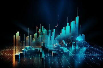 3D blue falling forex chart depicting crisis, stock and loss on dark background. Generative AI - obrazy, fototapety, plakaty