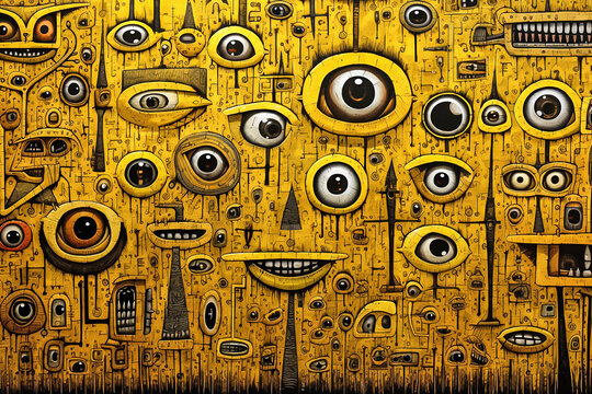 Horizontal bizzare yellow background with eyes. Whimsical psychedelic artwork. Generative AI