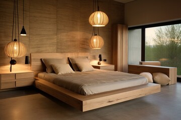 Stylish eco-friendly bedroom with wooden furniture and pendant lighting. Generative AI