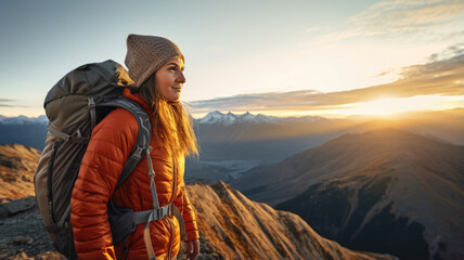 Portrait of a female hiker with a backpack on the mountain - obrazy, fototapety, plakaty