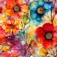 Seamless pattern with beautiful watercolor flowers in vibrant colors background, ai design