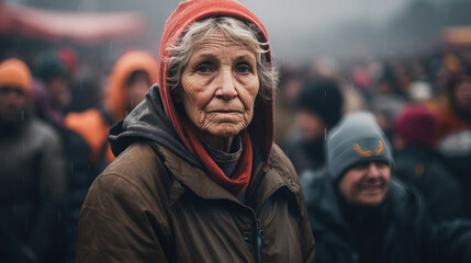 Close up portrait of female activist standing in a crowd of women during demonstration for women's rights