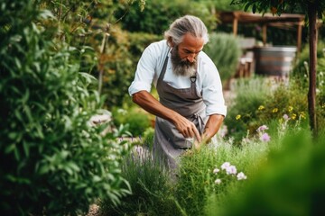 Naklejka na ściany i meble Chef restaurant in kitchen garden picking herbs, thyme, rosemary for him restaurant. Generative AI