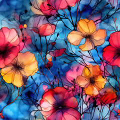 Seamless pattern with beautiful watercolor flowers in vibrant colors background, ai design