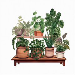 shelf with the decor of figurines and plants
