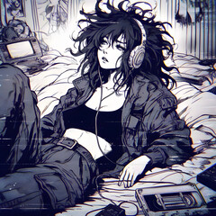 young woman with wild disheveled hair and listening music