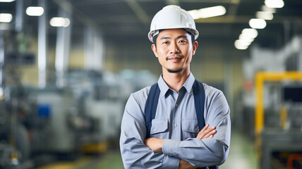 Portrait of a smiling asian factory worker wearing hard hat and work clothes standing besides the production line.
 - obrazy, fototapety, plakaty