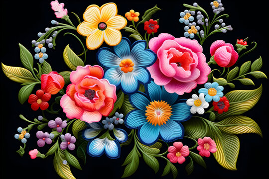 Delicate cross-stitched Beautiful flowers blossoming in vivid hues, Floral Elegance in Every Stitch