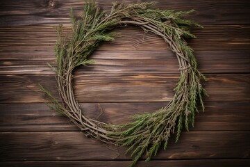 Christmas Wreath Background. Rustic Wood with Winter Rosemary Wreaths, Seasonal Symbol and Scissors Thread Twig.