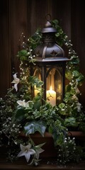 Dark Plants: Illuminated Christmas Lantern and Fairy Lights on Wooden Wall