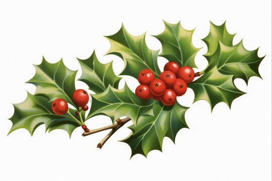 Christmas Plant with Holly Leaves and Berries. Festive Green Nature on a Spiked White Background.