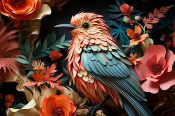 Close-up of a paper bird nestled amidst lush greenery, merging the delicate with the natural, set against a pastel backdrop, Generative AI