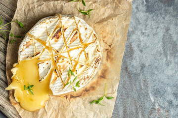 Oven baked camembert cheese. banner, menu, recipe place for text, top view