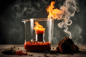 flask with burning flame and candle in the large flask dark smoke rising from the slask used in biological labs  - obrazy, fototapety, plakaty