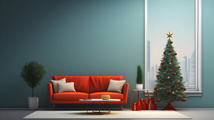 Living room with christmas tree, A modern twist on holiday decor in a contemporary setting, Seasonal Chic in Urban Ambiance - obrazy, fototapety, plakaty