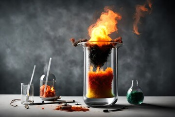 flask with burning flame and candle in the large flask dark smoke rising from the slask used in biological labs 