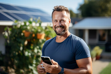 A man with a smartphone against the background of installing solar panels. a man runs a business installing solar panels, alternative energy