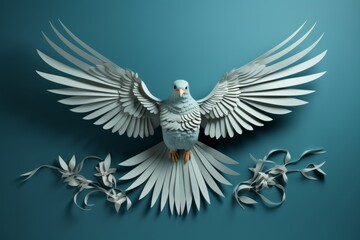 Conceptual art piece featuring an intricate paper bird on a minimalist blue surface, highlighting the beauty of simplicity, Generative AI