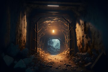 Inside an old abandoned mine shaft the passageway has been closed by welded iron bars with human remains behind it highly detailed 8k high definition film still v 4  - obrazy, fototapety, plakaty