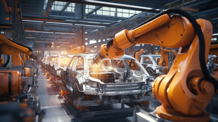 Automated Robot Arm Assembly Line Manufacturing Advanced High-Tech Green Energy Electric Vehicles. Construction, Building, Welding Industrial Production Conveyor.AI generated