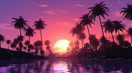 Purple neon wireframe landscape with palm trees against violet sunset sky. Cyberpunk scene. Cyberspace art. Futuristic wallpaper in style of 80's. - obrazy, fototapety, plakaty