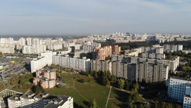Aerial view of a residential area of Minsk. Drone video shooting