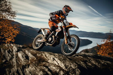 Motorcyclist in full moto equipment climbing rocky mountain top