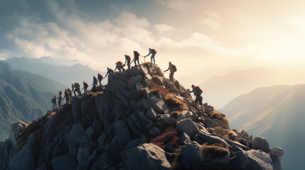 Epic image with hikers helping each other reach the mountain top, Generative AI