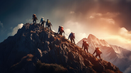 Epic image with hikers helping each other reach the mountain top, Generative AI - obrazy, fototapety, plakaty