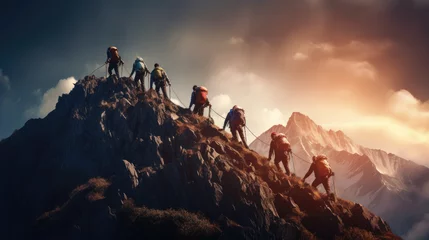  Epic image with hikers helping each other reach the mountain top, Generative AI © Oulailux