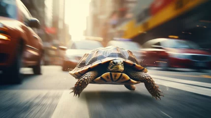 Fotobehang Turtle running extremely fast on busy city street, Generative AI Illustration © Oulailux