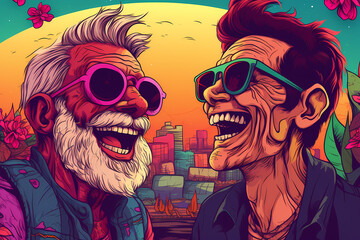 Colorful illustration of two elderly men laughing and having fun. Close-up portrait of 2 old friends in sunglasses hanging out together