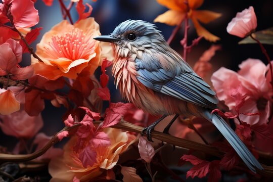 Serene scene featuring a paper bird on a lush plant, harmonizing nature, art, and pastel colors in a stock photo by Paul Bird, Generative AI