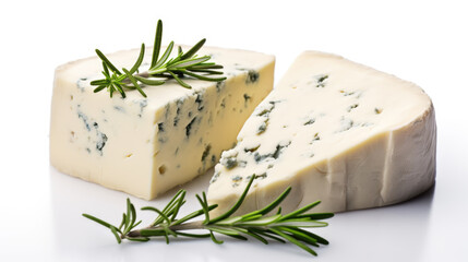 A slice of gorgonzola or dor blu cheese with a sprig of rosemary on a white background